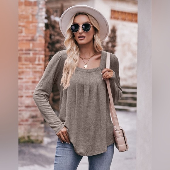 Double Take Pleated Curved Hem Long Sleeve Top - Picture 1 of 4